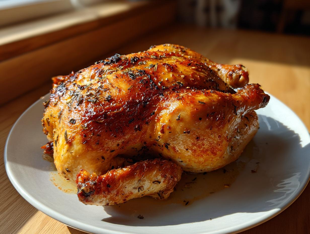 A perfectly roasted whole chicken with golden brown, herbed, crispy skin resting on a white plate.