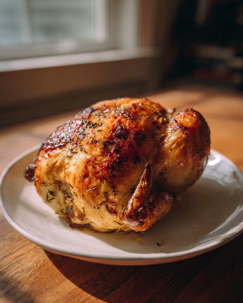 A beautifully roasted whole chicken with golden-brown, herb-crusted skin resting on a white plate.