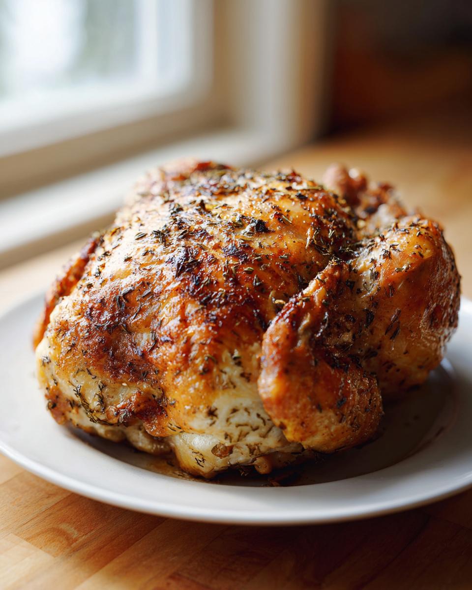 A beautifully roasted whole chicken with golden-brown, herb-crusted skin resting on a white plate.