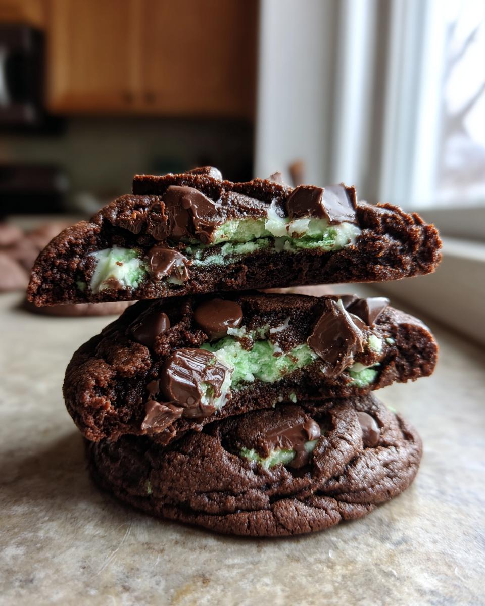 Close-up of two stacked, rich chocolate Andes Mint Cookies, showing the gooey green mint filling and chocolate chips inside.