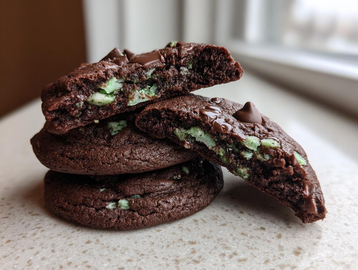 A stack of rich, dark chocolate Andes mint cookies, with one cookie broken in half to show the gooey interior and mint chips.
