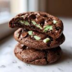 A stack of three rich, dark chocolate Andes Mint Cookies, with the top cookie broken open revealing a gooey green mint filling.