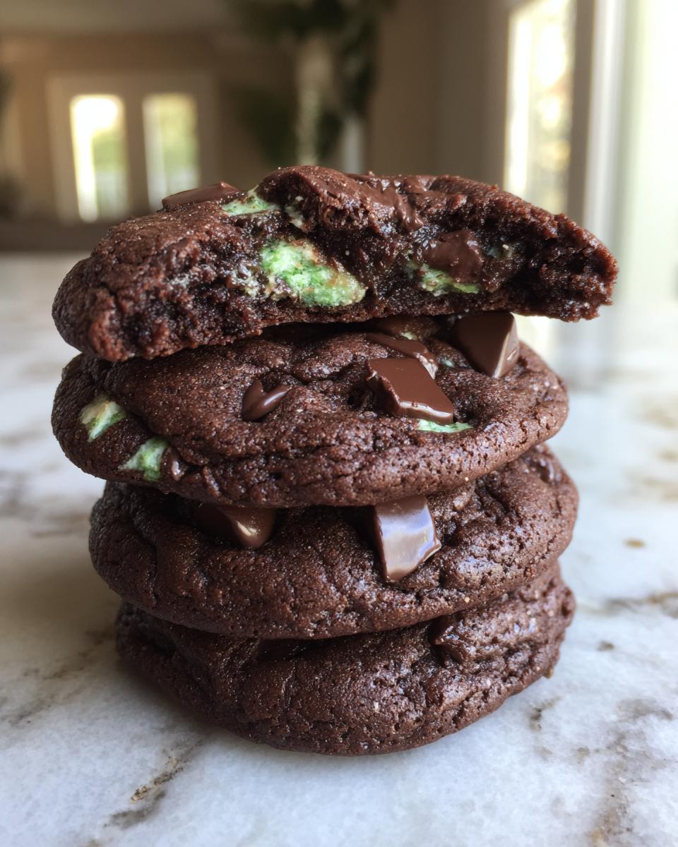 A stack of four rich, dark chocolate Andes Mint cookies, with the top one broken open to show the gooey interior and green mint chips.