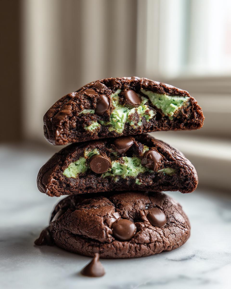 Stack of three rich chocolate Andes Mint Cookies, with the top two cut in half showing the gooey mint green center.