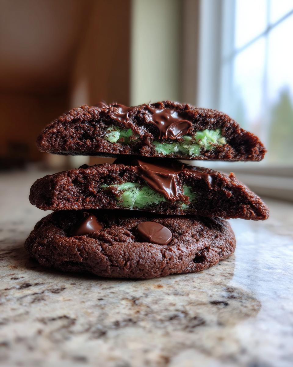 Stack of three rich chocolate Andes Mint Cookies, with the top two cut in half showing the bright green mint filling and melted chocolate.