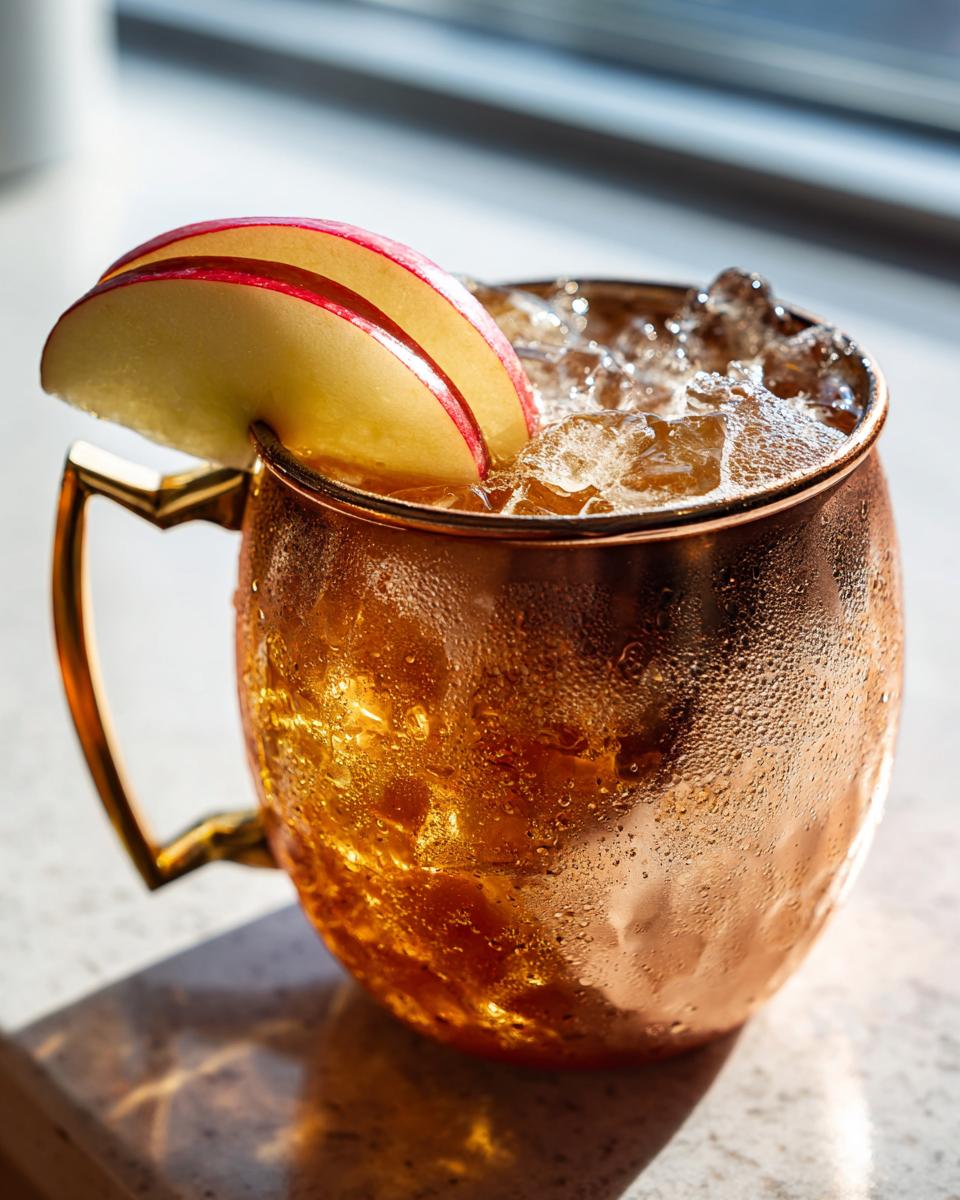 Close-up of a frosty copper mug filled with an apple cider Moscow mule cocktail and garnished with apple slices.
