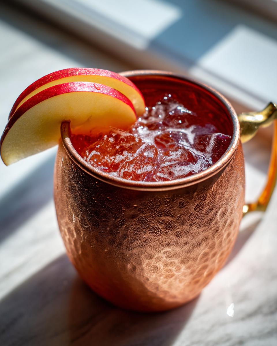 Close-up of a vibrant apple cider moscow mule cocktail filled with ice and garnished with apple slices in a hammered copper mug.