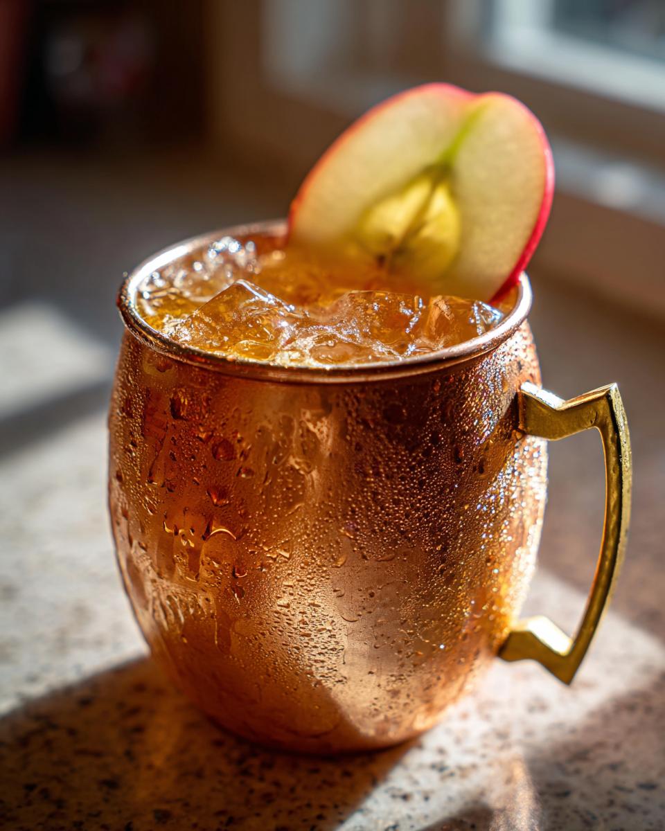A condensation-covered copper mug filled with an apple cider moscow mule cocktail and garnished with an apple slice.