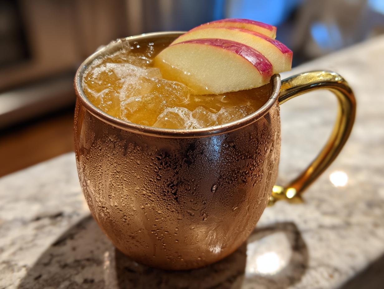 A frosty copper mug filled with an apple cider moscow mule, garnished with thin apple slices.