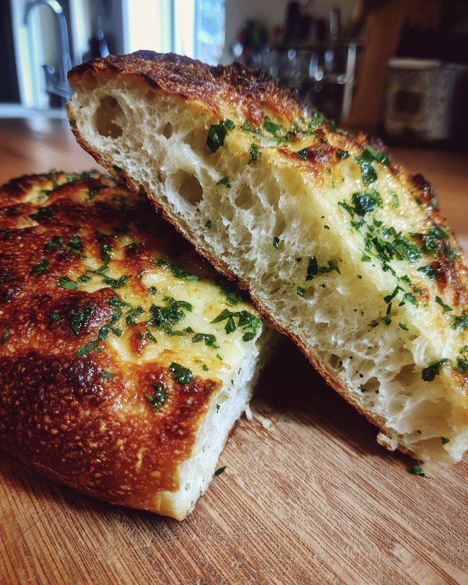 Close-up of a freshly baked artisan bread, cut in half to show the airy crumb structure and herb topping.