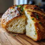 Close-up of a freshly baked artisan bread loaf, sliced open to show the airy interior and golden, herb-topped crust.