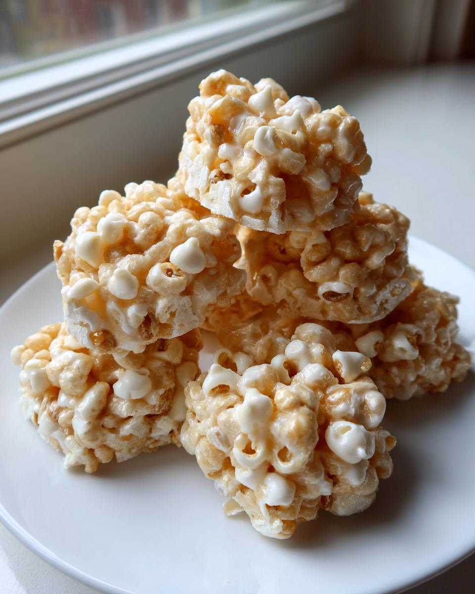 A stack of square, chewy avalanche cookies made with cereal and white chocolate chips, sitting on a white plate.