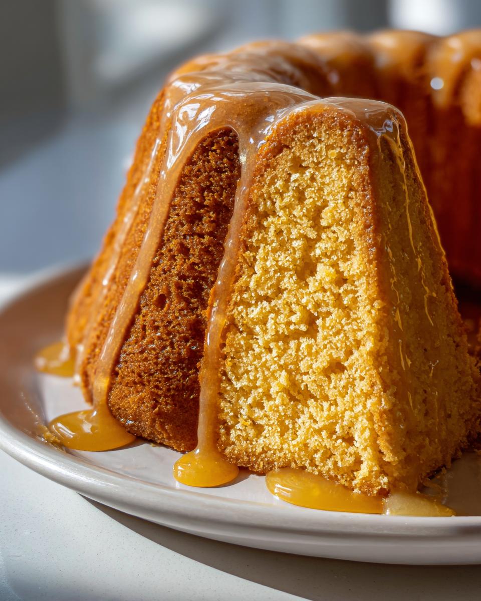 A slice of moist Bacardi rum cake topped with a thick, glossy caramel glaze dripping down the sides onto a plate.