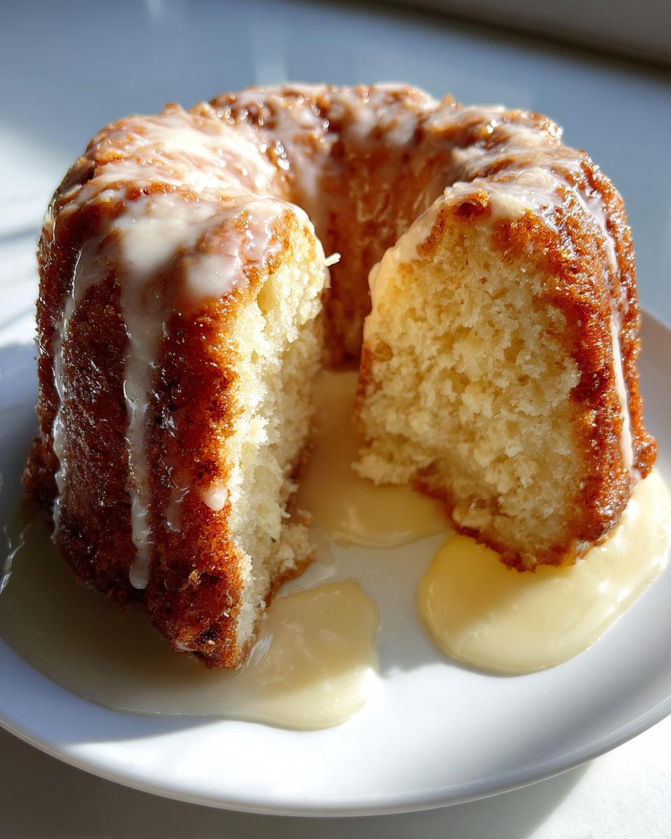 A slice cut from a small, golden Bacardi rum cake drizzled heavily with white glaze, sitting in extra glaze on a white plate.