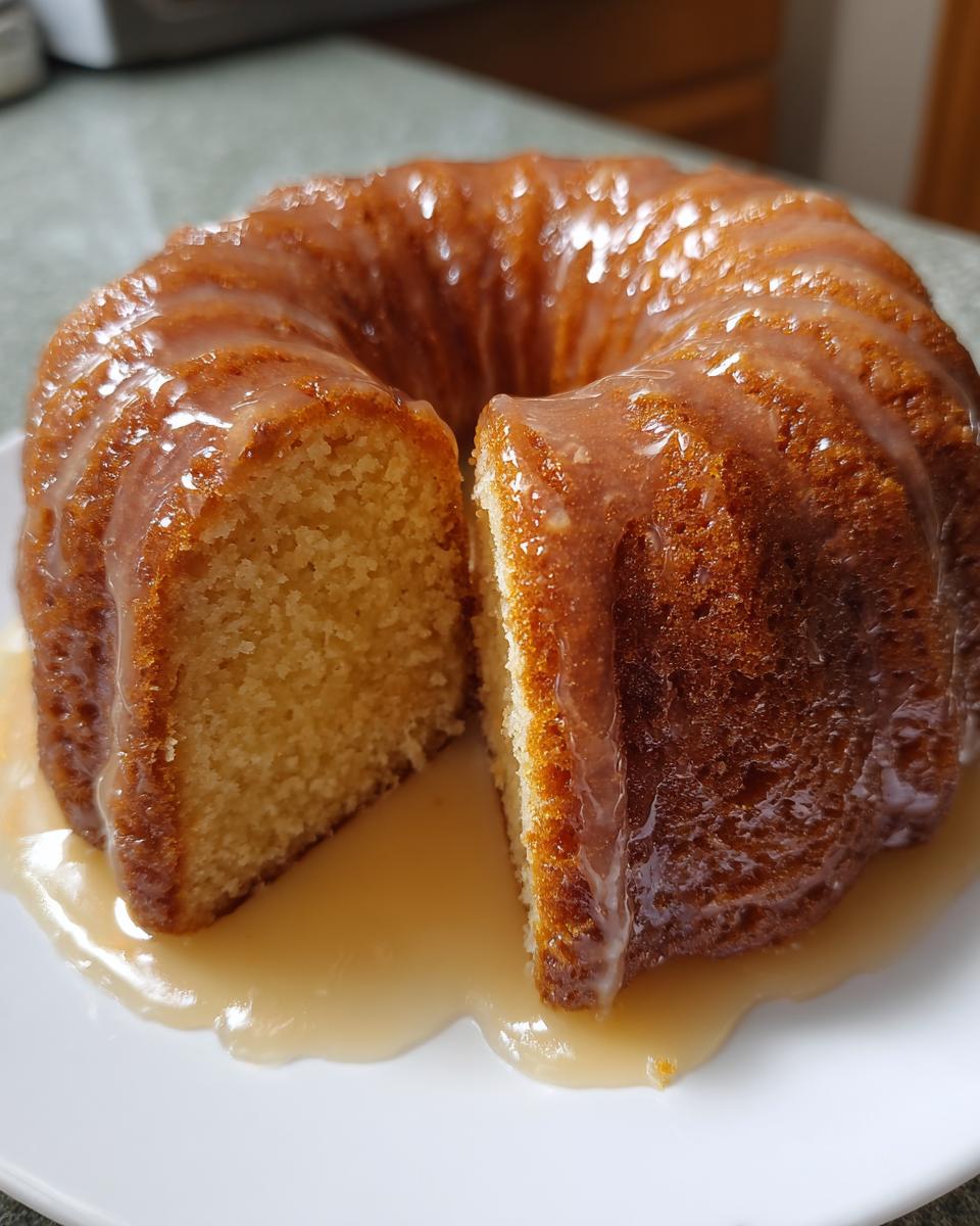 A moist bacardi rum cake, drizzled heavily with a rum glaze, sitting on a white plate with one slice cut out.