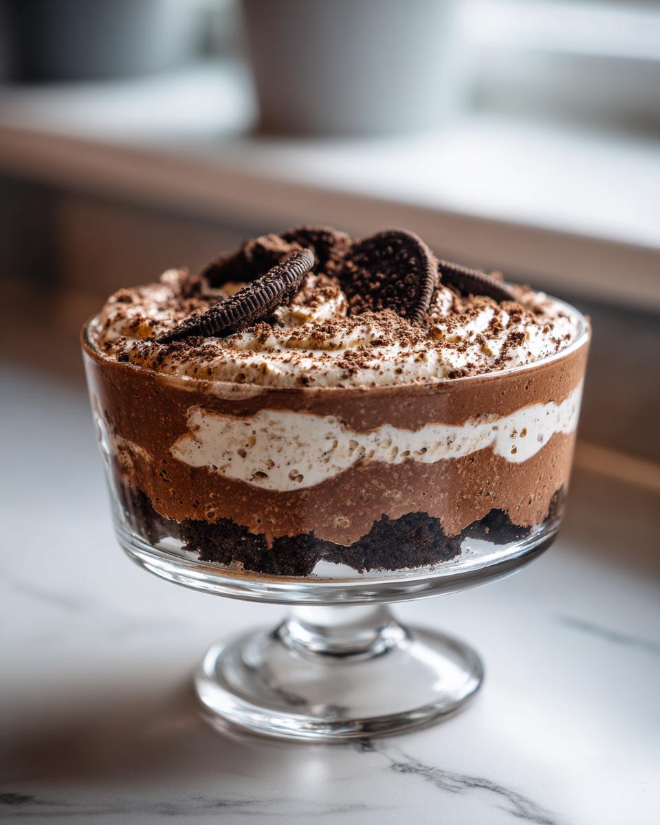 Close-up of an individual Baileys Chocolate Cheesecake Trifle layered with chocolate mousse, cream, and topped with Oreo cookies.