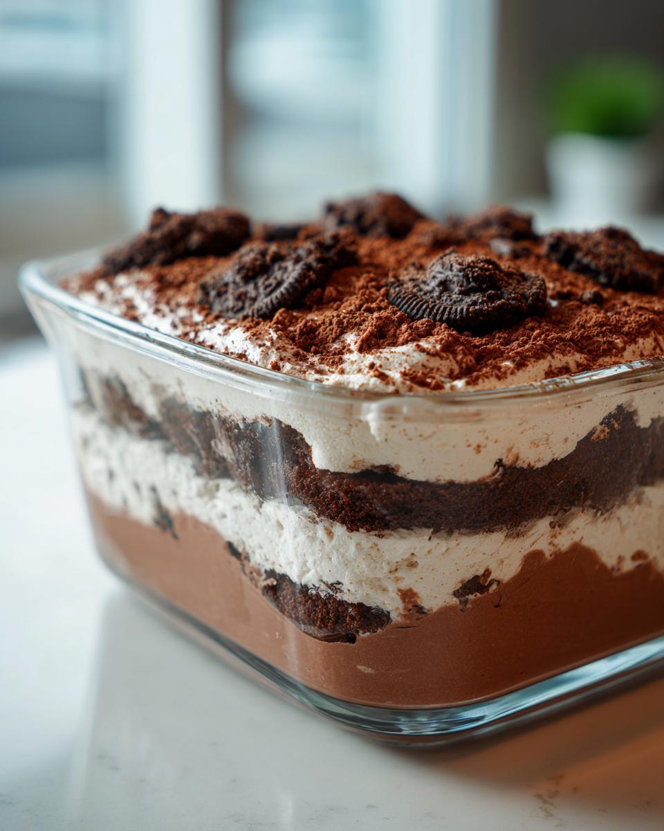 Layers of chocolate cake, white cream, and chocolate mousse topped with cocoa powder and cookies in a Baileys Chocolate Cheesecake Trifle.