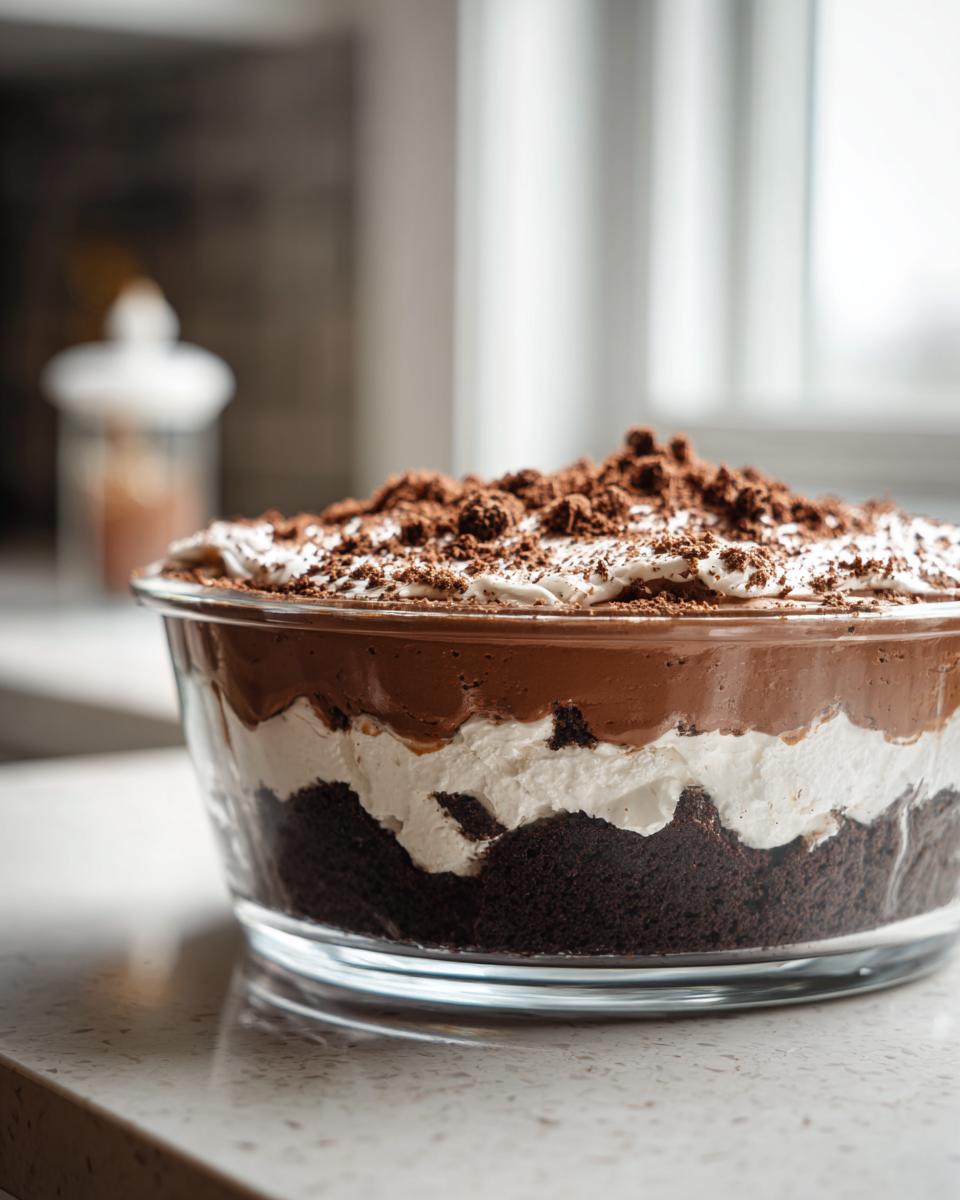 Close-up of a layered Baileys Chocolate Cheesecake Trifle featuring dark cake, white cream, chocolate mousse, and crumbled topping.