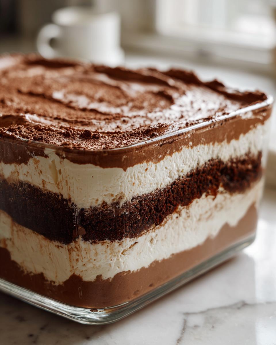 Close-up of a layered Baileys Chocolate Cheesecake Trifle showing chocolate cake, cream, and mousse layers dusted with cocoa.