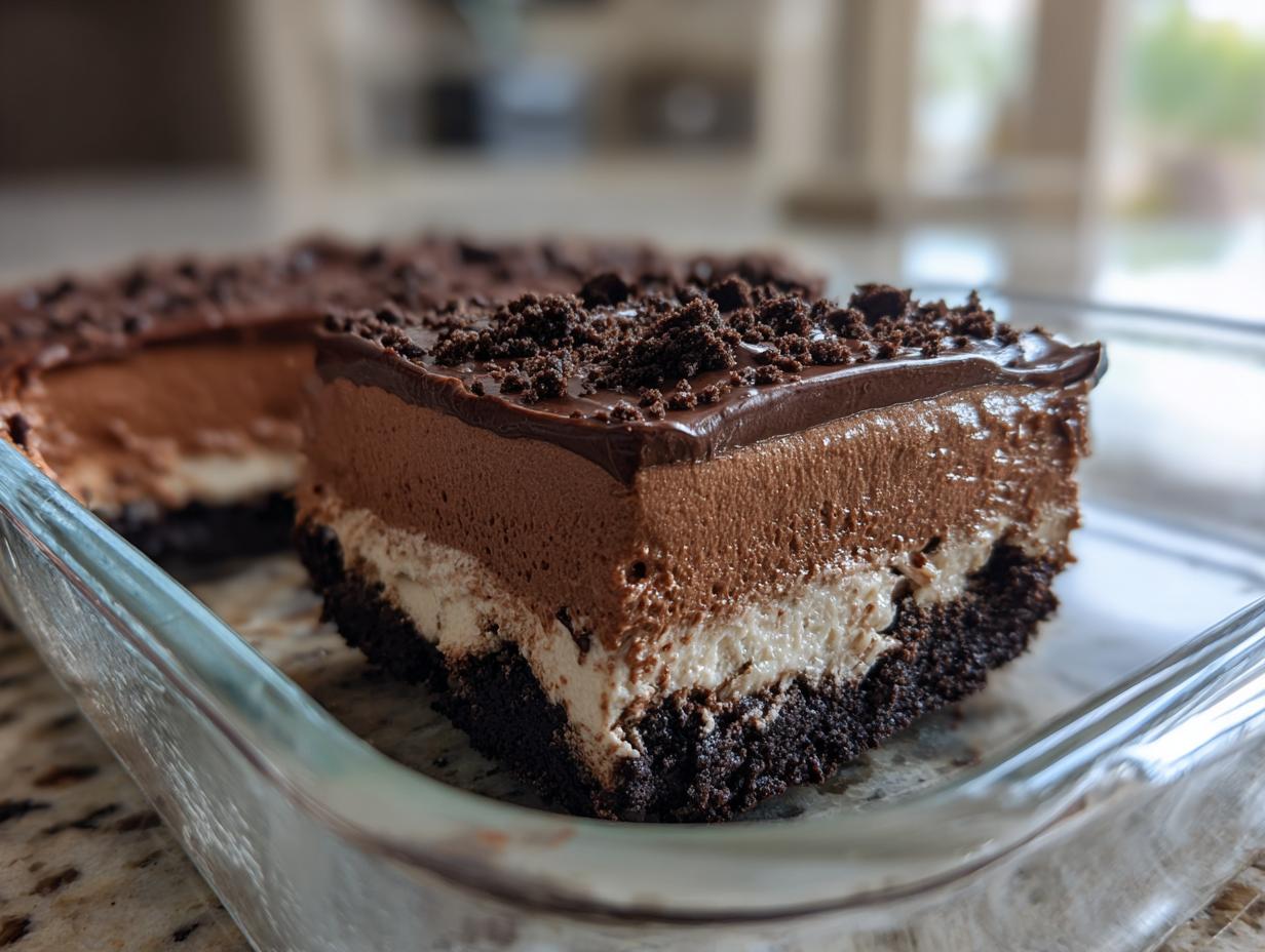 Close-up of a layered slice of Baileys Chocolate Cheesecake Trifle with chocolate crust, cream layer, and chocolate mousse topping.