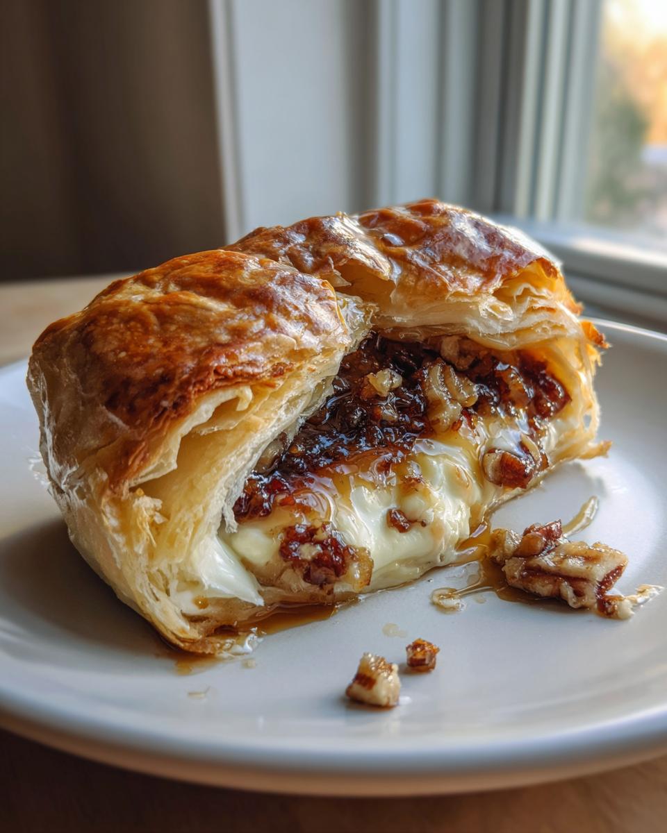 Close-up of a slice of baked brie wrapped in flaky pastry, oozing with melted cheese and topped with sticky pecans.