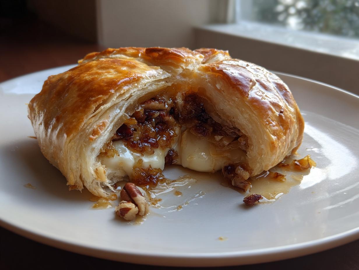 A close-up of baked brie wrapped in golden puff pastry, oozing melted cheese, pecans, and brown sugar topping.