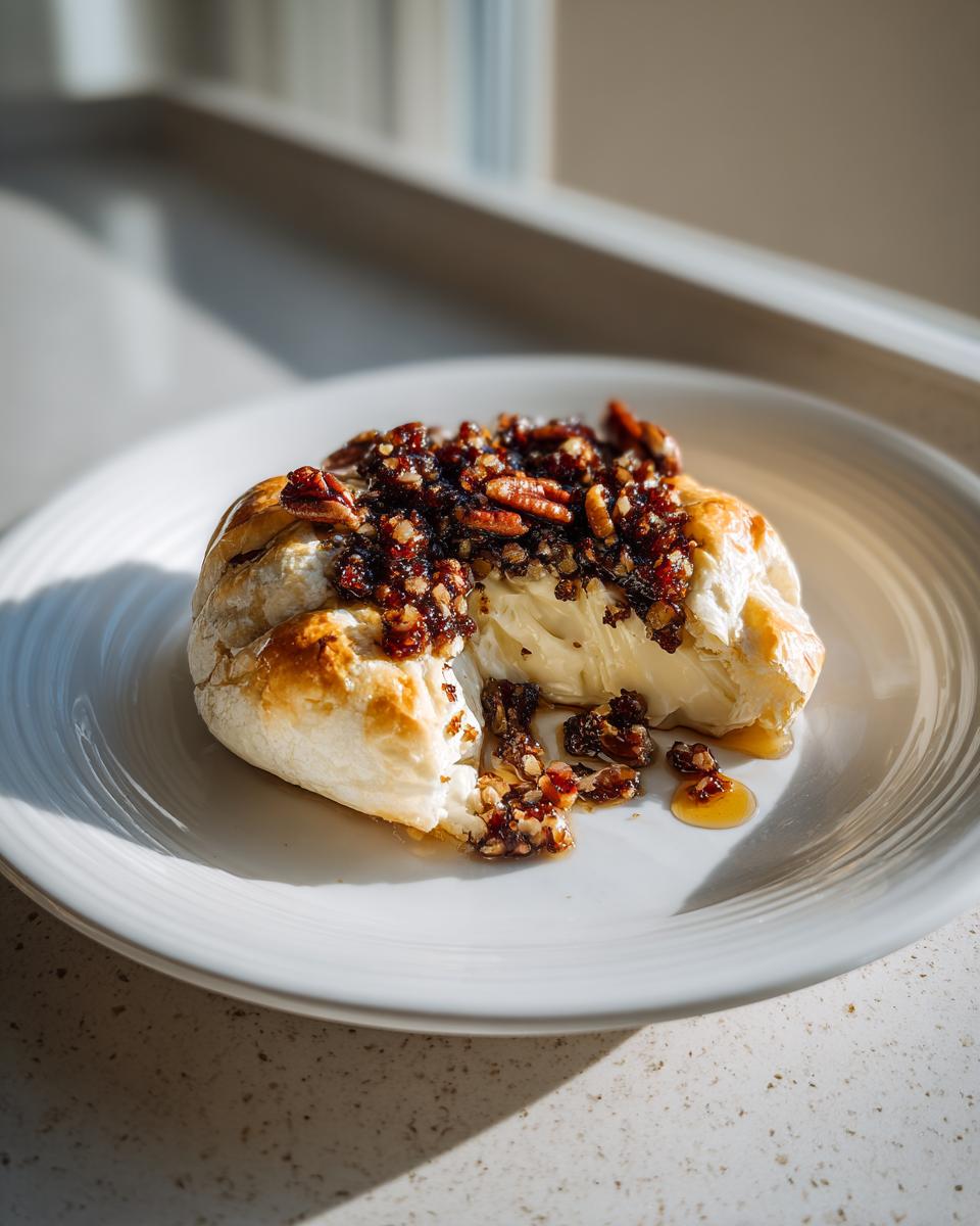 A warm, baked brie wrapped in pastry, cut open to show melted cheese and a pecan/fruit topping, drizzled with honey.