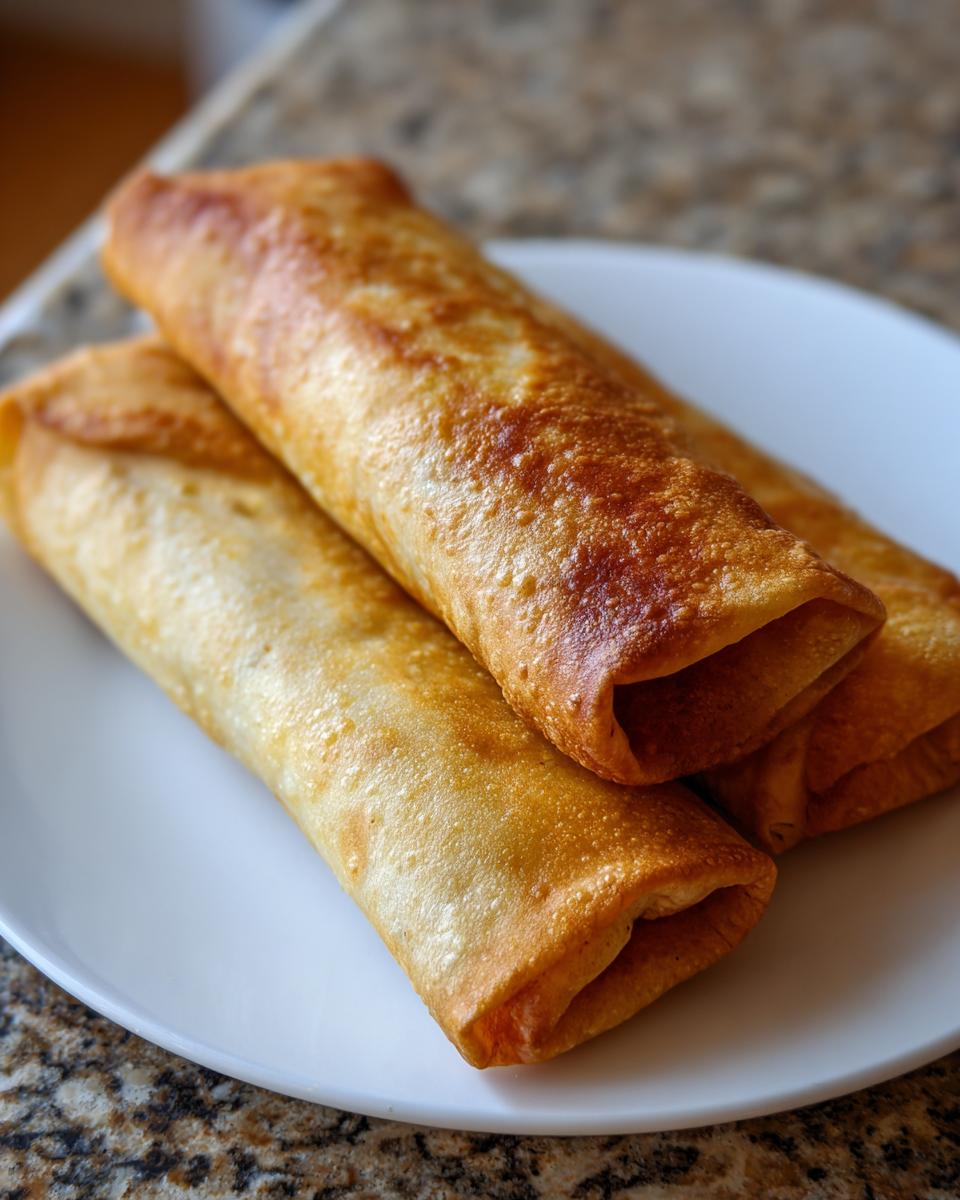 Three golden brown, crispy Baked Chicken Chimichangas stacked on a white plate.