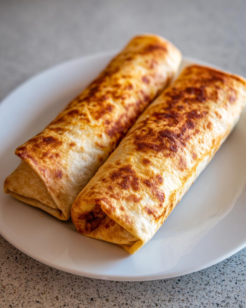 Two perfectly golden brown Baked Chicken Chimichangas resting side-by-side on a white plate.