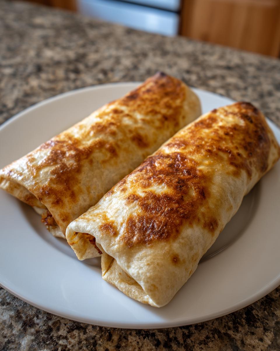 Two perfectly golden brown Baked Chicken Chimichangas resting on a white plate.