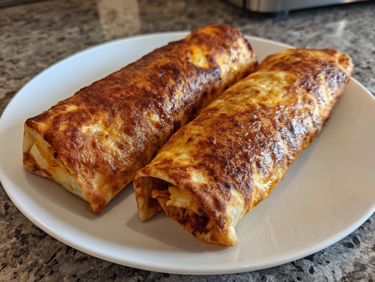 Two golden-brown, crispy Baked Chicken Chimichangas resting on a white plate.