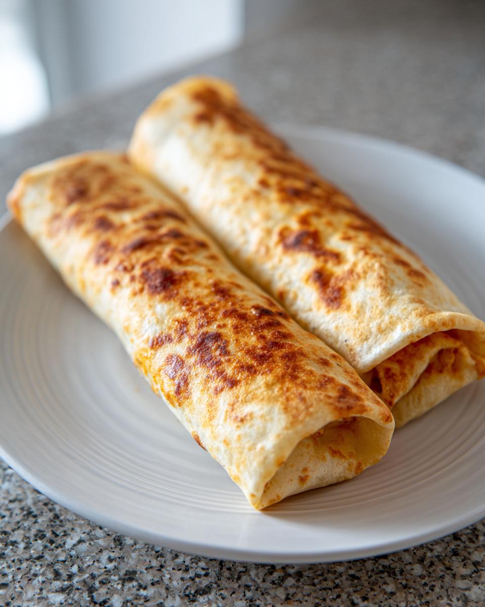 Two golden-brown, baked chicken chimichangas resting on a white, ridged plate.