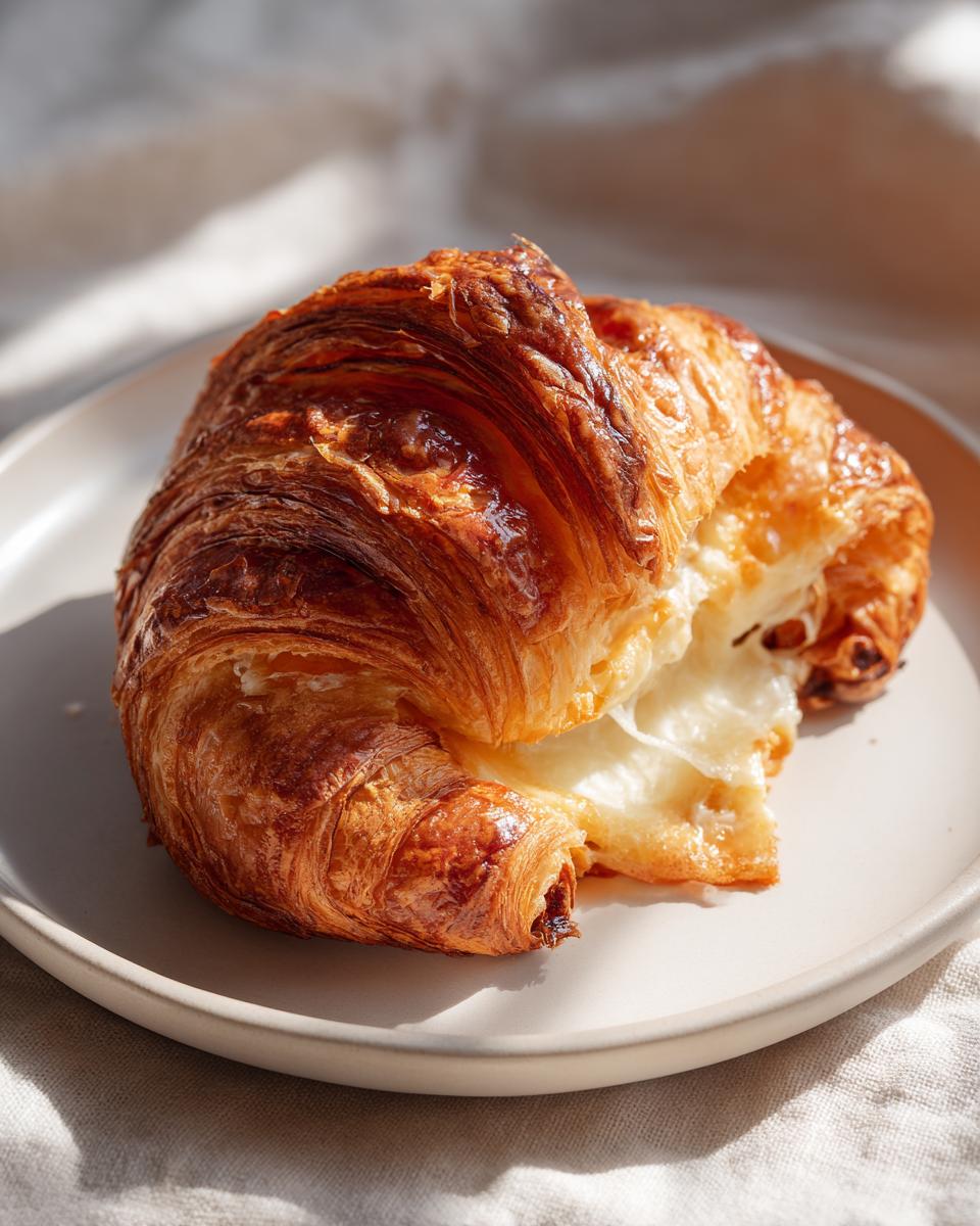 A close-up of a golden brown baked ham and cheese croissant oozing melted cheese, resting on a light plate.