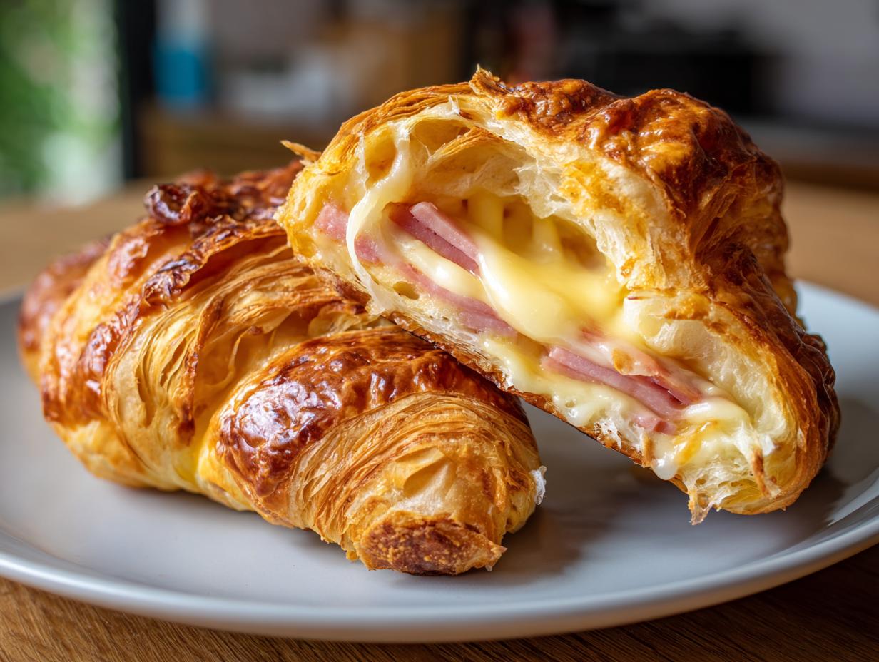 Two golden baked ham and cheese croissants on a plate, one cut open revealing melted cheese and ham filling.