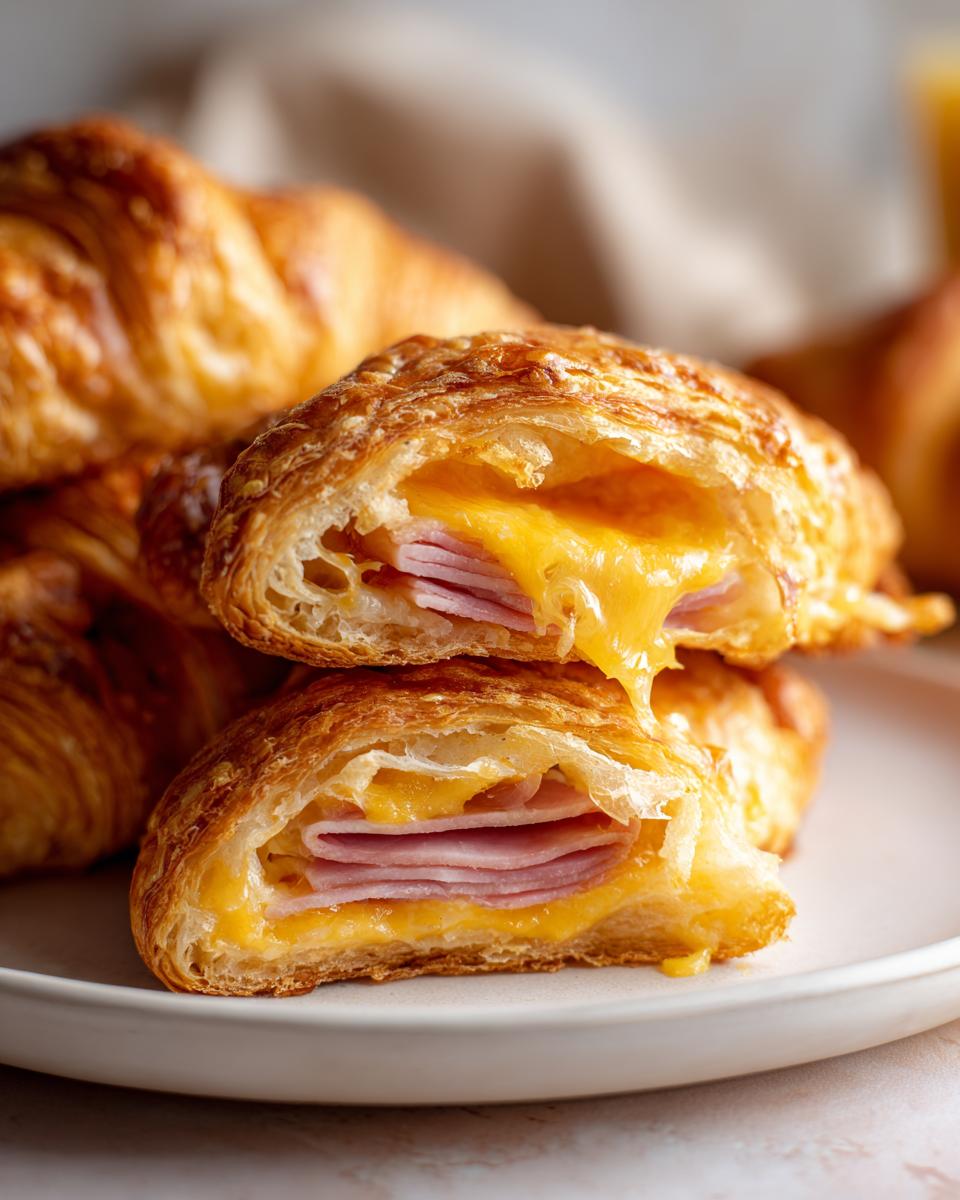 Close-up of baked ham and cheese croissants cut in half, showing melted cheddar cheese oozing out with layers of ham.