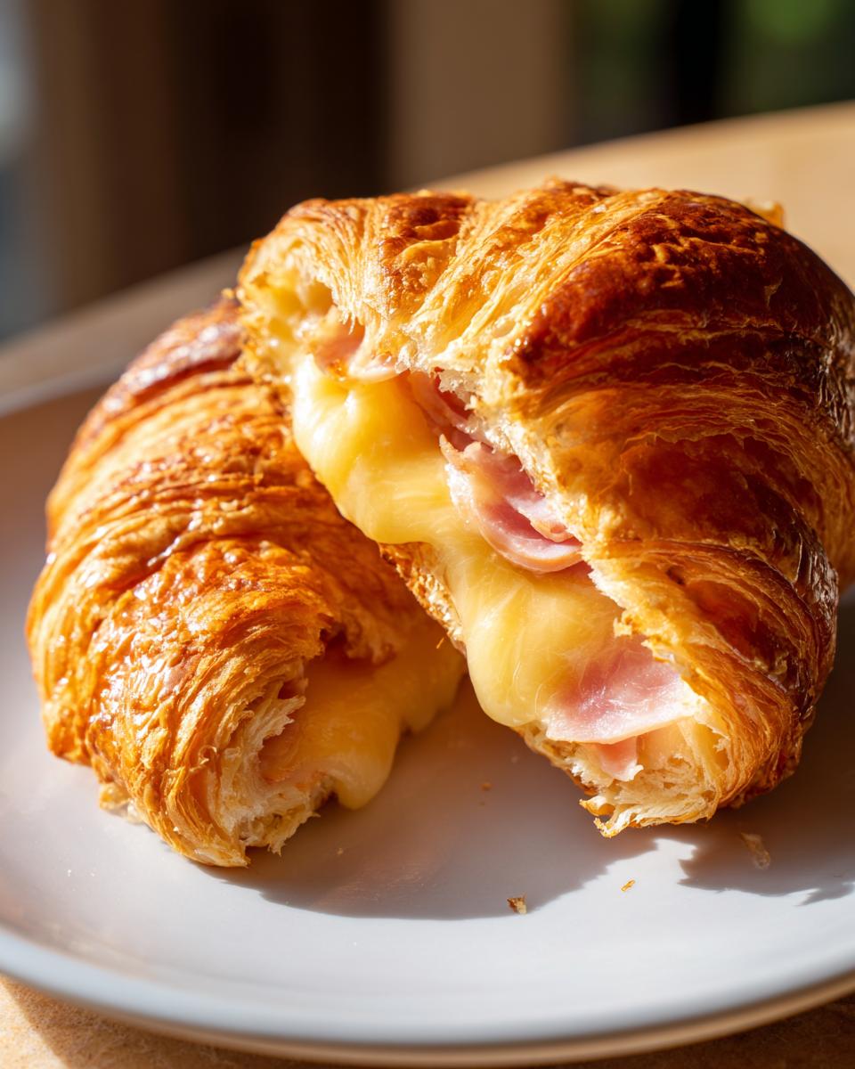 Close-up of a baked ham and cheese croissant split open showing gooey melted cheese and ham inside.