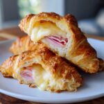 Close-up of baked ham and cheese croissants cut open showing gooey melted cheese and sliced ham.