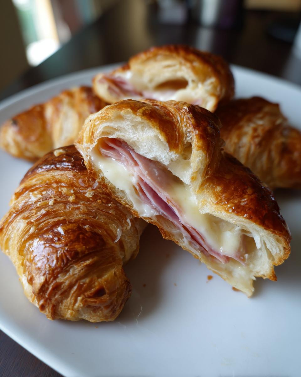 Close-up of a baked ham and cheese croissant cut in half showing melted cheese and layers of ham inside.