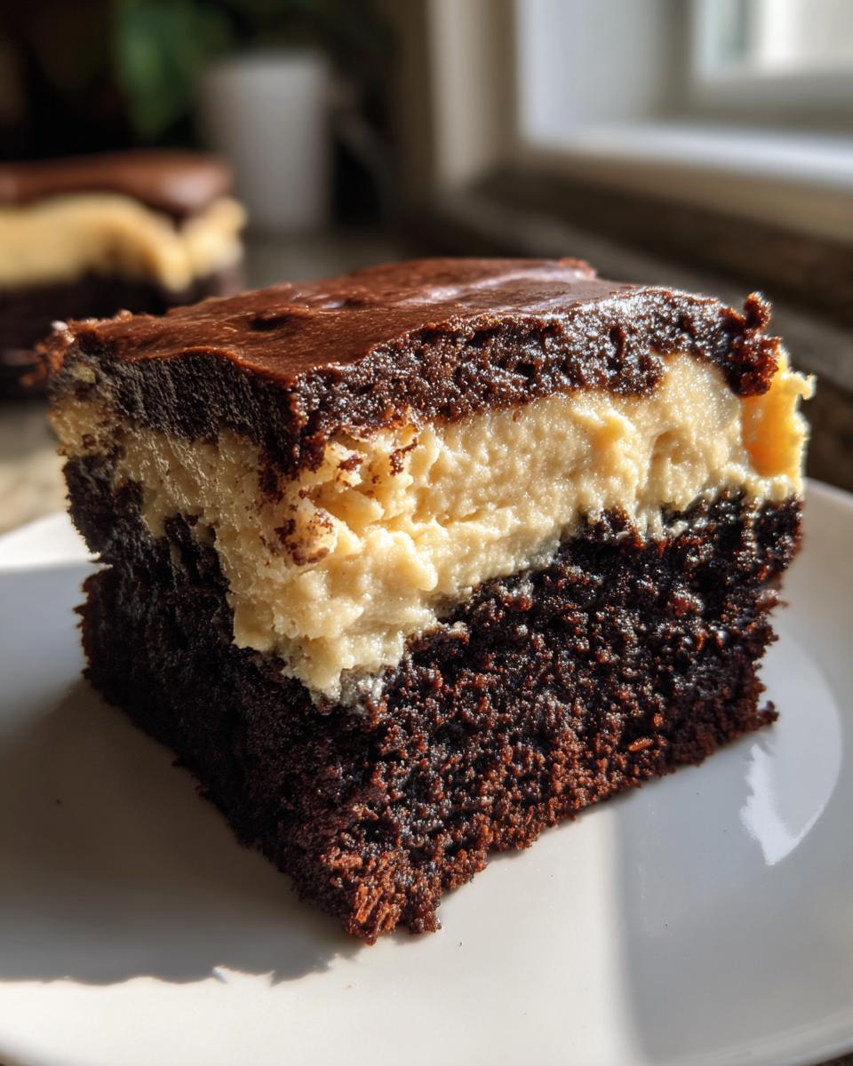 A thick square slice of banana bread brownies showing a dark chocolate base, a light banana layer, and a chocolate topping.