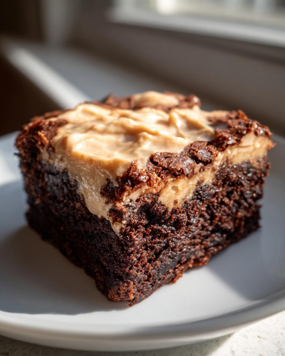 A rich, fudgy square of banana bread brownies topped with a thick layer of light brown frosting.