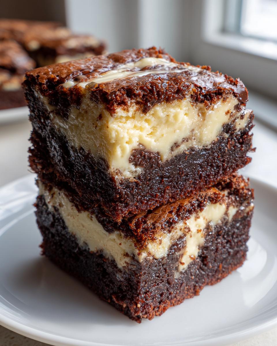 Two stacked squares of rich, dark banana bread brownies featuring a thick, creamy cheesecake swirl layer.