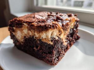 Close-up of a moist slice of banana bread brownies featuring a creamy swirl layer.
