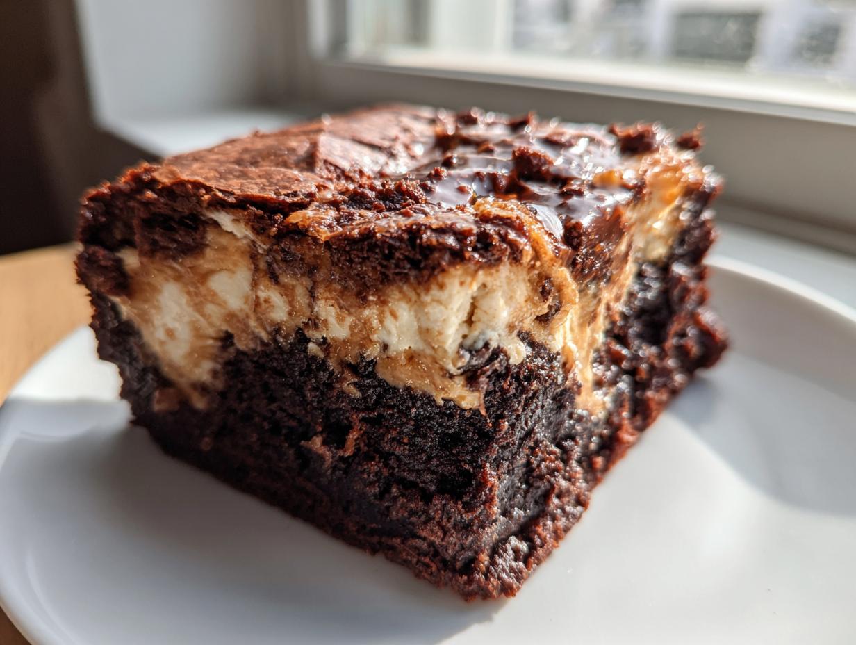 Close-up of a moist slice of banana bread brownies featuring a creamy swirl layer.