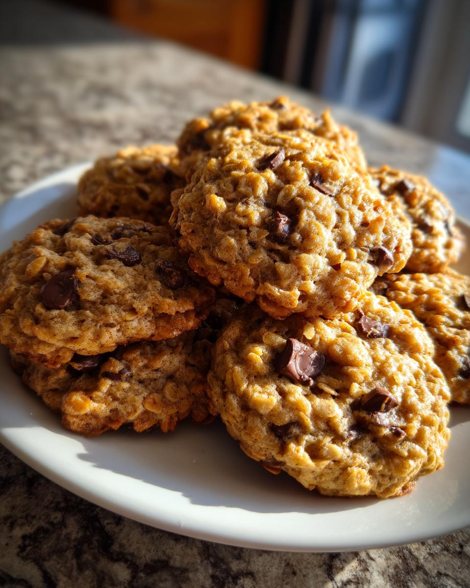 A pile of freshly baked banana oatmeal cookies studded with chocolate chips resting on a white plate.