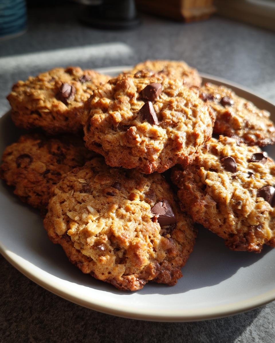 A stack of golden brown banana oatmeal cookies studded with chocolate chips resting on a light gray plate.