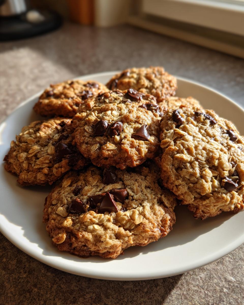 A stack of warm banana oatmeal cookies loaded with chocolate chips resting on a white plate.