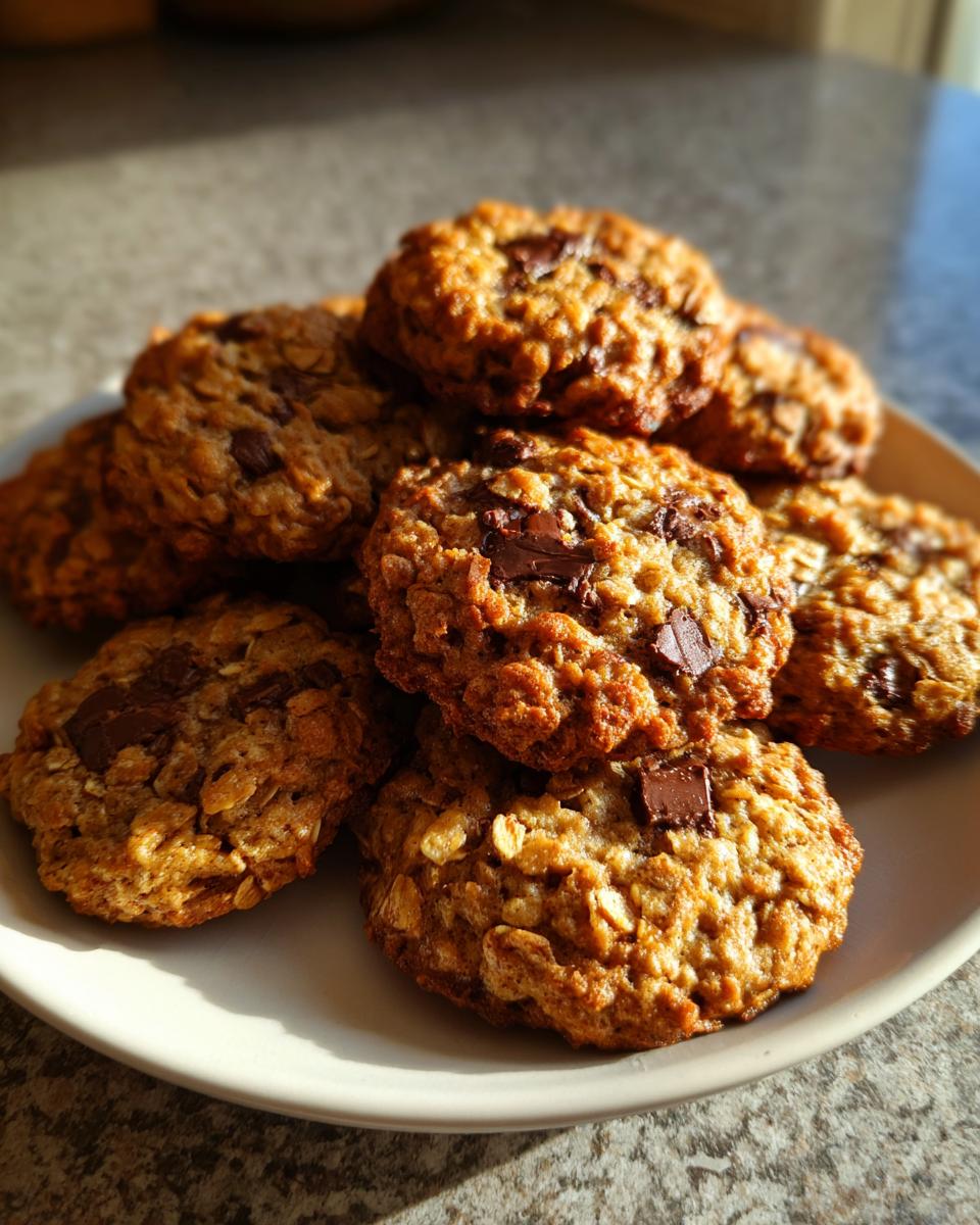 A pile of golden brown banana oatmeal cookies studded with dark chocolate chunks, resting on a white plate.