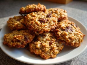 A stack of freshly baked, golden brown banana oatmeal cookies with visible oats and chocolate chunks, served on a white plate.