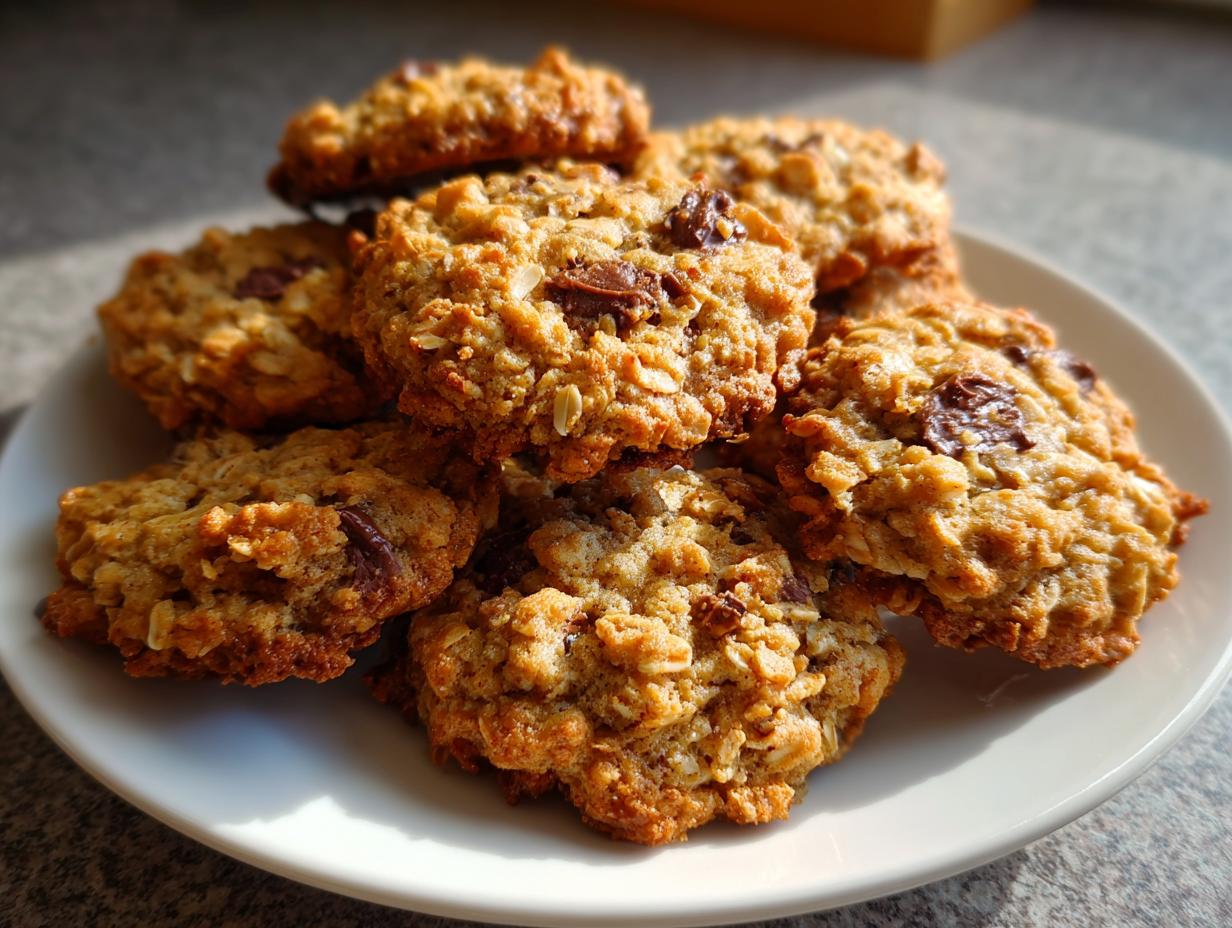 A stack of freshly baked, golden brown banana oatmeal cookies with visible oats and chocolate chunks, served on a white plate.