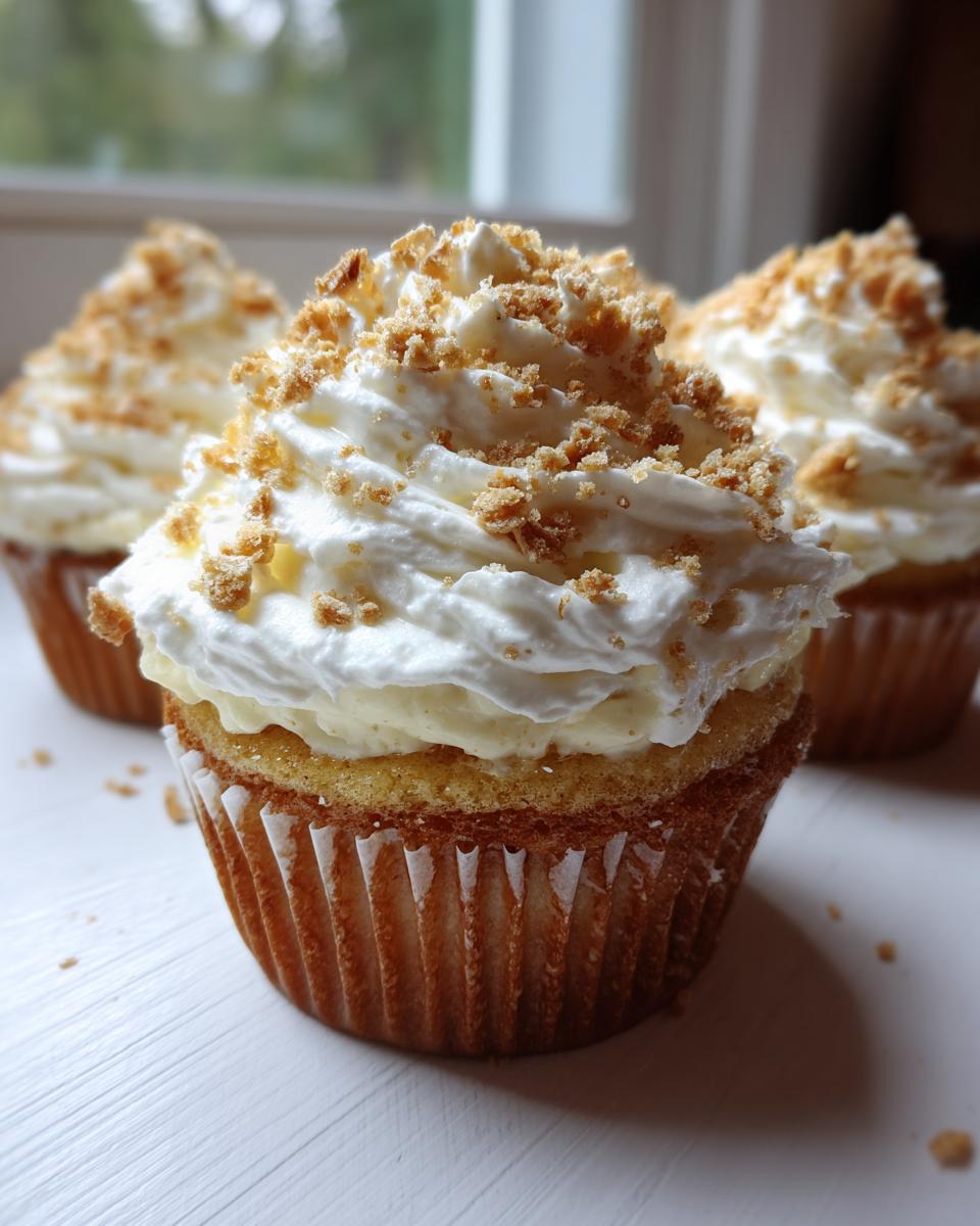 A close-up of one perfectly assembled banana pudding cupcakes topped with cream filling, whipped cream, and crushed wafers.